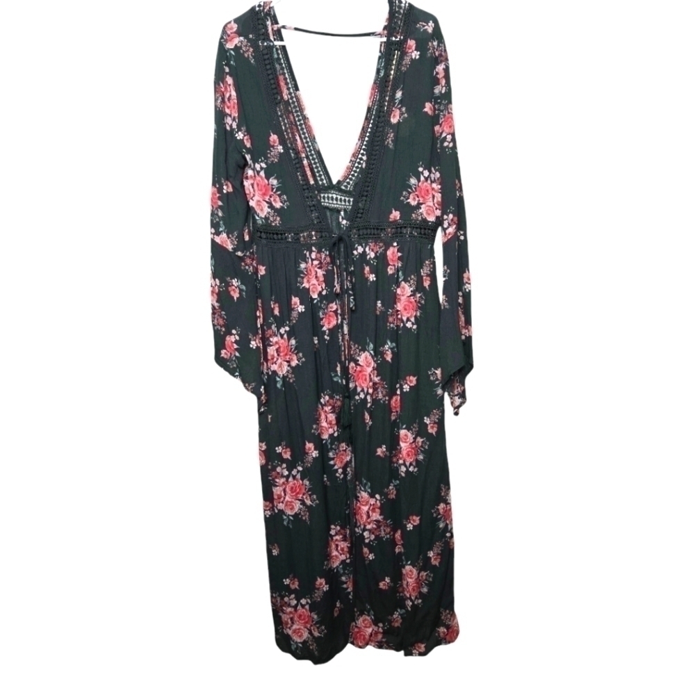 Oddy Womens Boho Chic Green Pink Floral Print Crochet Lace Duster Kimono Large